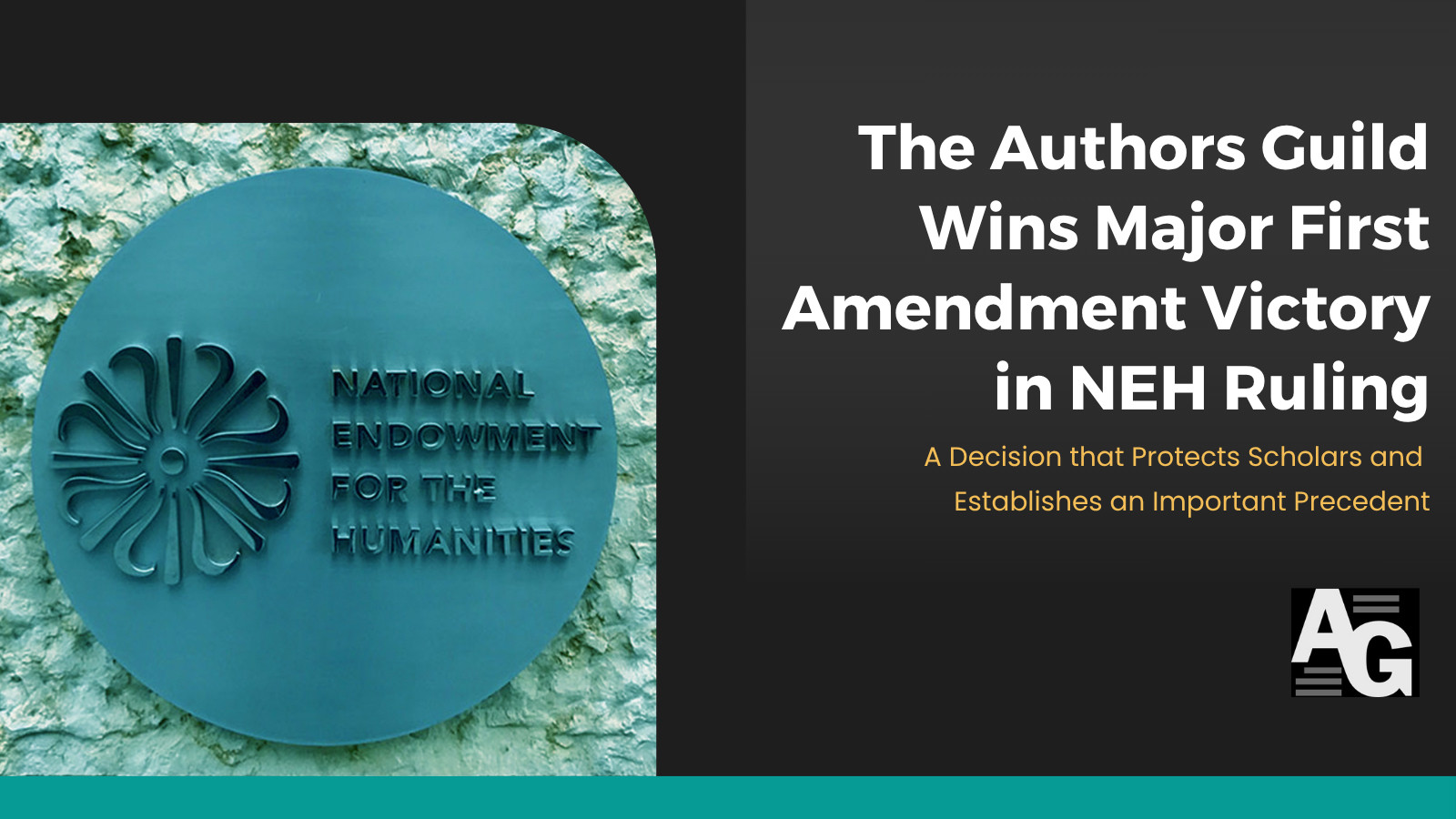 Metal plaque featuring the logo of the National Endowment for the Humanities on a stone wall