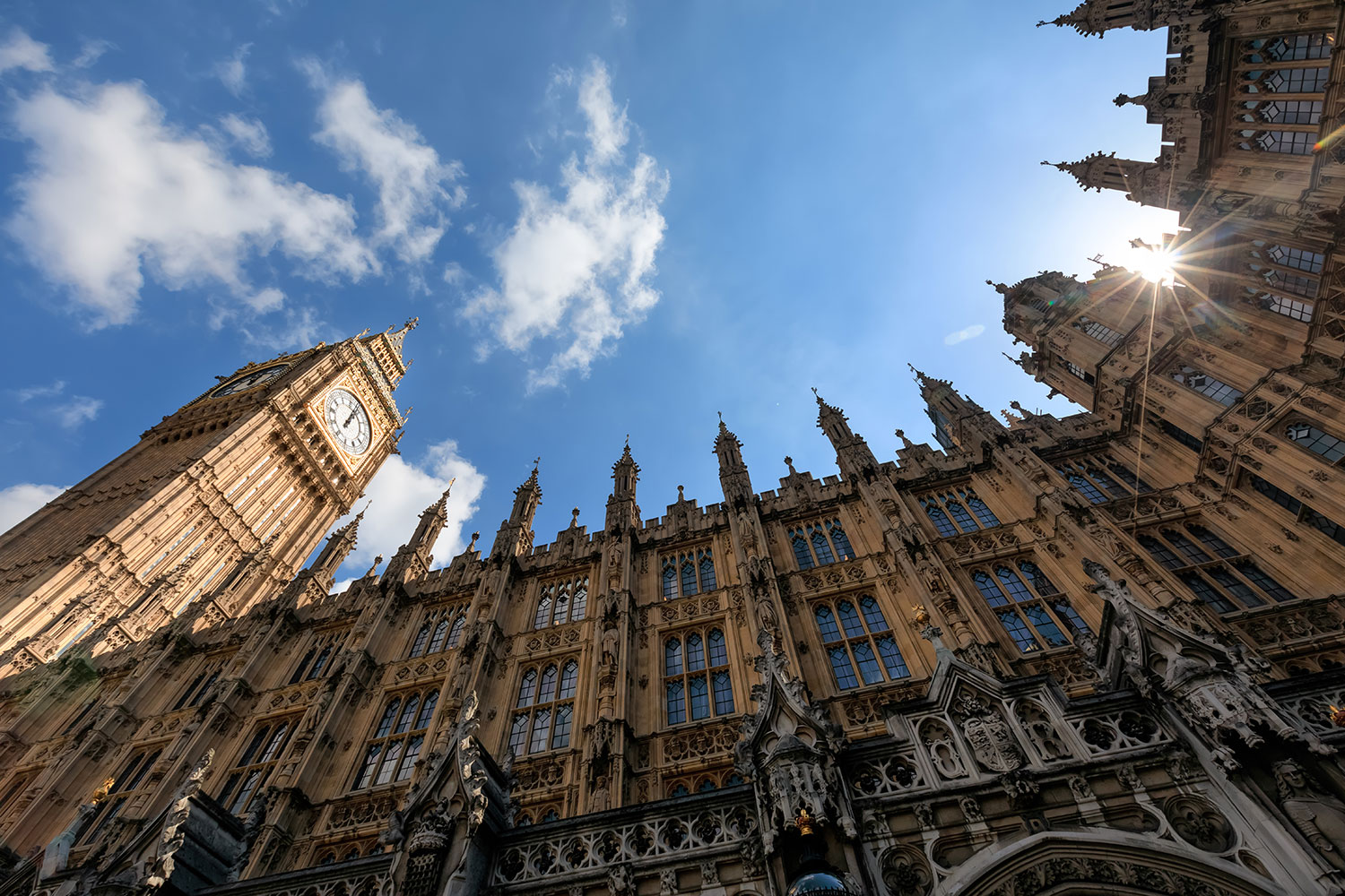 Facade of the Palace of Westminster in London, home of the House of Lords and House of Commons